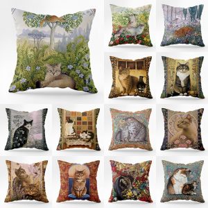 45X45CM Vintage Cat Pillowcase Vintage Peach Skin Square Sofa Pillowcase Cushion Cover Wholesale