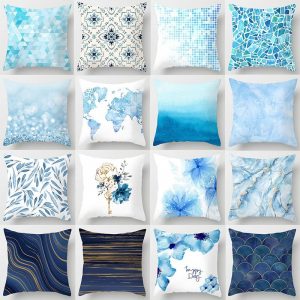 45x45cm Custom Simple Blue Geometric Marble Pillow Cases Stripe Line Cushion Cover Leaves Plant Pillowcases Car Sofa Decorative