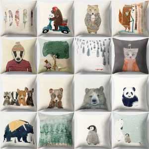 45x45cm Minimalist Spring Tree Landscape Pillow Cover Bear Penguin Cartoon Animal Pillowcase Bedroom Yoga Cushion Home Decor