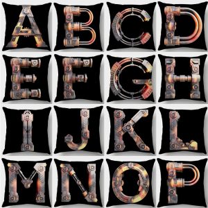 45x45cm Nordic Creative Metal Mechanical Gear Pillowcase Simple Black Cushion Cover Custom 26 English Letter Sofa Pillowslip