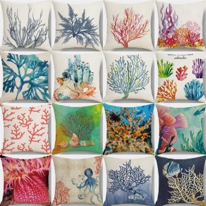 45x45cm Watercolor Coral Marine Life Cushion Cover Custom Fish Animal Plant Linen Pillow Cases Sofa Home Decoration Pillowslip