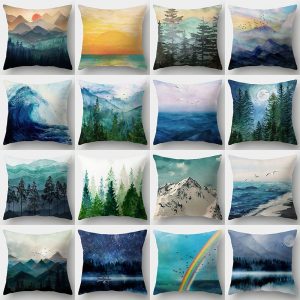 Blue Sea Mountain Landscape Cushion Cover Ink Scenery Pattern Pillow Case Sunrise Snow Rainbow Sofa Home Decoration Pillowslip