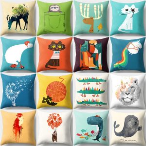 Cute Cartoon Animal Pillow Case Sofa Bedroom Car Waist Cushion Pillow Cover Black Cat Deer Plant Pillow Case Home Decorative
