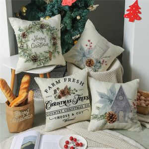 Simple Printed Christmas Pillowcase 45X45cm Linen Cushion Cover for Sofa New Year Home Decor Cartoon Birds Pillowcase