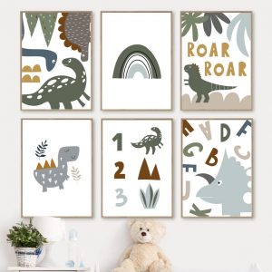 Dinosaur Roar Rainbow Math Number Letter Cartoon Animals Art Canvas Painting Posters Prints Wall Pictures For Kids Room Decor