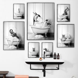 Nordic Funny Animals Bathroom Poster Black White Tiger Penguin Elephant Decorative Paintings Canvas Wall Art Pictures Room Decor