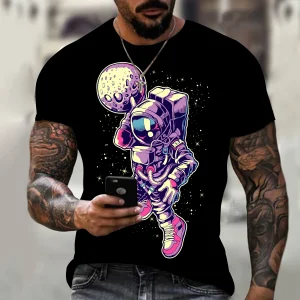 Astronaut 3D Printed Men T-Shirt Oversized Summer Casual Man Tees Vintage Round Neck Tops Black Short Sleeve Hip Hop Streetwear