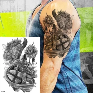 Black Spartan Temporary Tattoos For Men Boys Lion Knight Wolf Skull Compass Tiger Fake Tattoo Sticker Arm Leg Tatoos Waterproof - Color : DLZ204