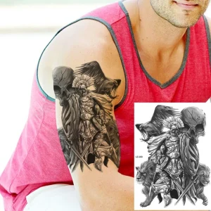 Black Spartan Temporary Tattoos For Men Boys Lion Knight Wolf Skull Compass Tiger Fake Tattoo Sticker Arm Leg Tatoos Waterproof - Color : DLZ200